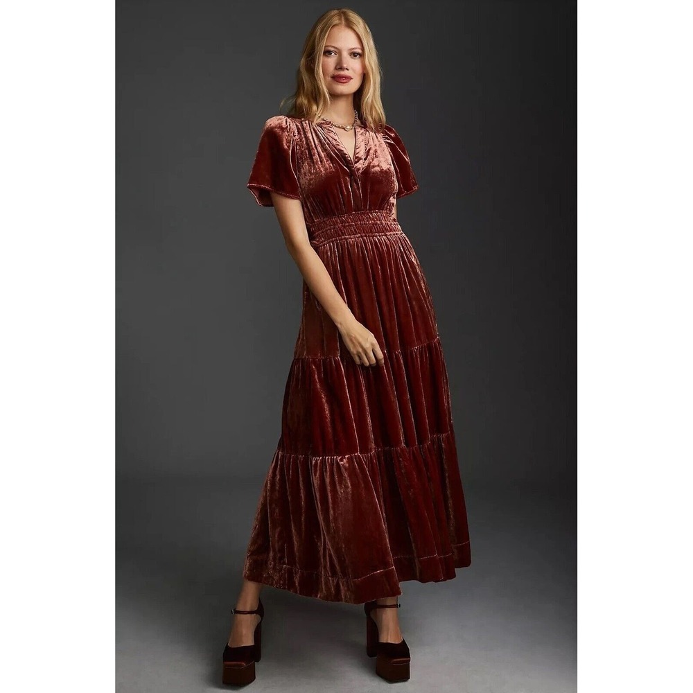 Anthropologie Womens Velvet Tiered Maxi Dress Rust Copper Smocked V-Neck Pockets